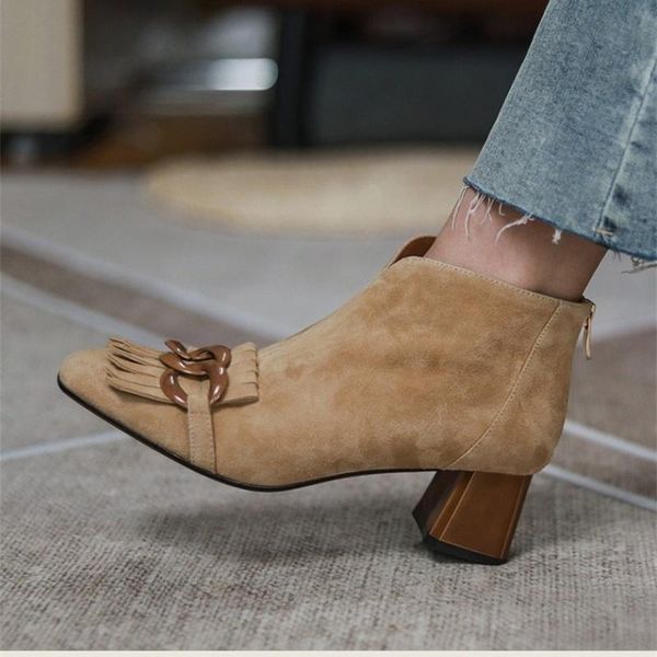 

boots all women's shoes thick heel round head chain tassel back zipper short sheep suede french elegant middle, Black