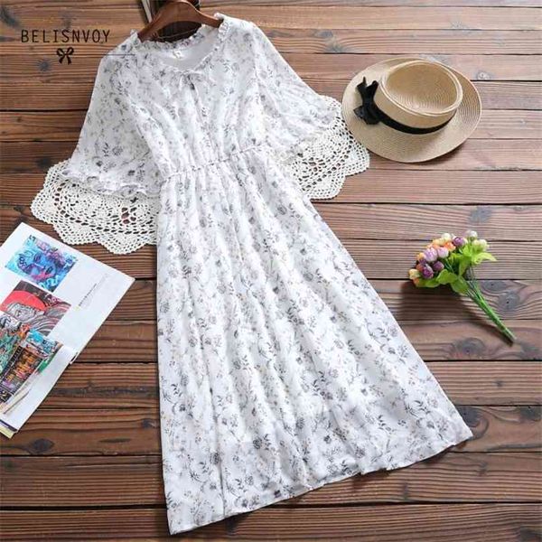 Mori Girl Bohemian Summer Women Abiti Ruffled Floral Printed Femininos Vestidos Elegante Chiffon Chic Midi Beach Dress 210520