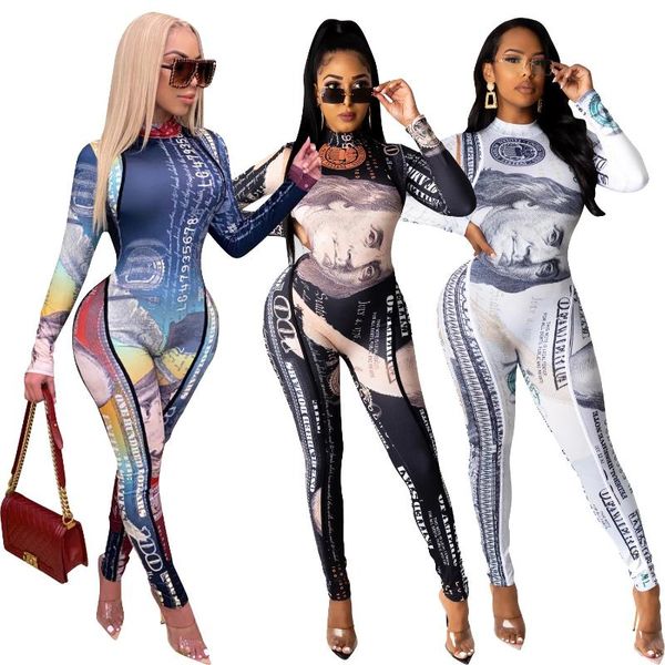 

women's jumpsuits & rompers money print bodycon jumpsuit women long sleeve romper bodysuit turtleneck one piece outfit workout club wea, Black;white