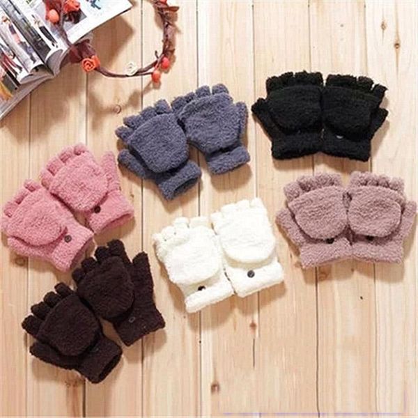 

five fingers gloves coral fleece warm thick fingerless men women weave exposed finger in winter neutral plus flip mittens, Blue;gray