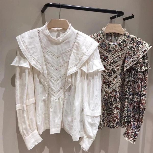 

womens ruffled hollow out lace blouse solid color or floral printed long sleeve vintage shirt and 2021 autumn, White