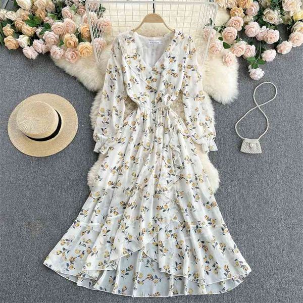 

women fashion sweet spring v neck ruffle flower print long sleeve holiday dress vintage vestidos s413 210527, Black;gray