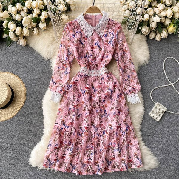 

dresses spring new women lace v-neck sweet print long sleeve dress elegant a-line dresses lady, Black;gray
