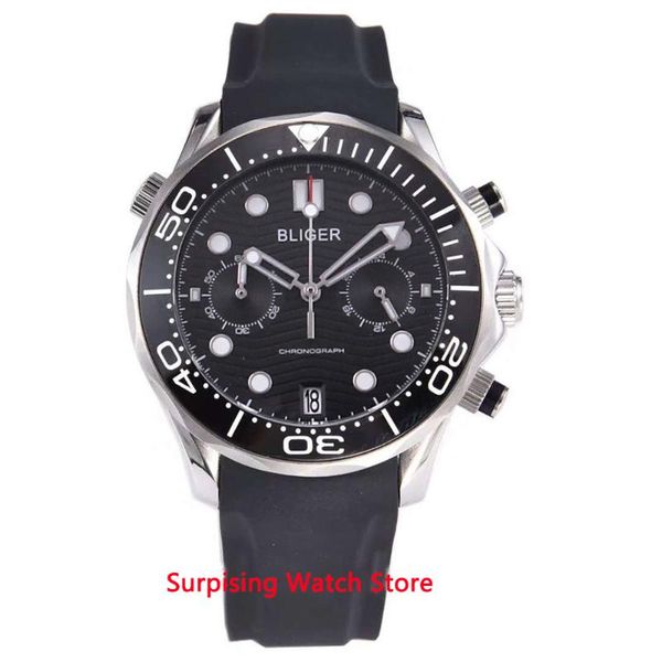 

wristwatches bliger 41mm quartz men watch sapphire glass luminous waterproof rubber strap calendar sport chronograph function wristwatch, Slivery;brown