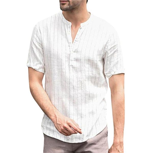 

mens striped short sleeve cotton linen breathable soft classic shirt chinese retro casual slim fit basic summer tshirts men's t-shirts, White;black