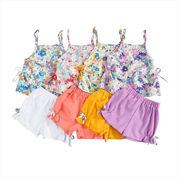 

1 5y toddler kids baby girl clothes sets 4 colors sleeveless floral tank shorts pant bottom 2pcs outfits, White