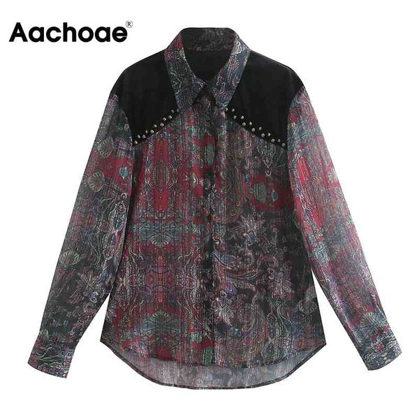 Aachoae Chic Camicette in chiffon patchwork di velluto da donna stampate a maniche lunghe con colletto rovesciato Camicia da donna con paillettes Decora Top 210413