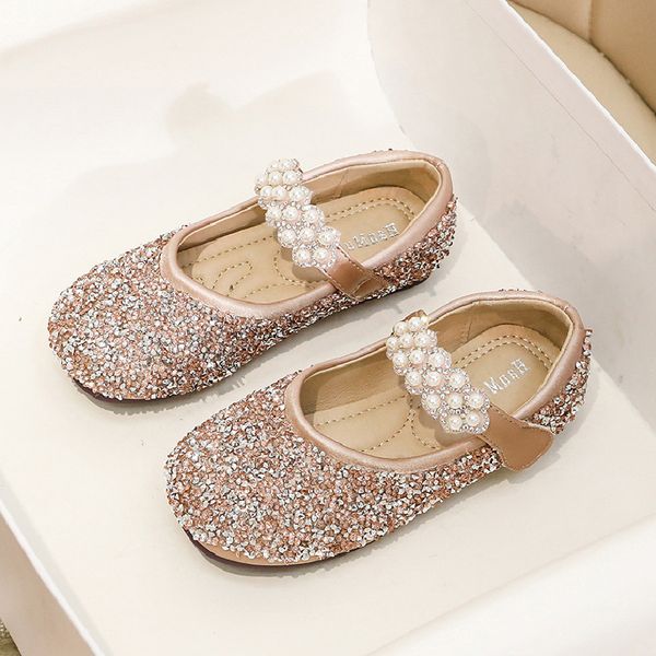 

kids shoes 2021 girls glitter leather flats black pink white children fashion sandals pearls toddler teens princess party shoes, Black;red