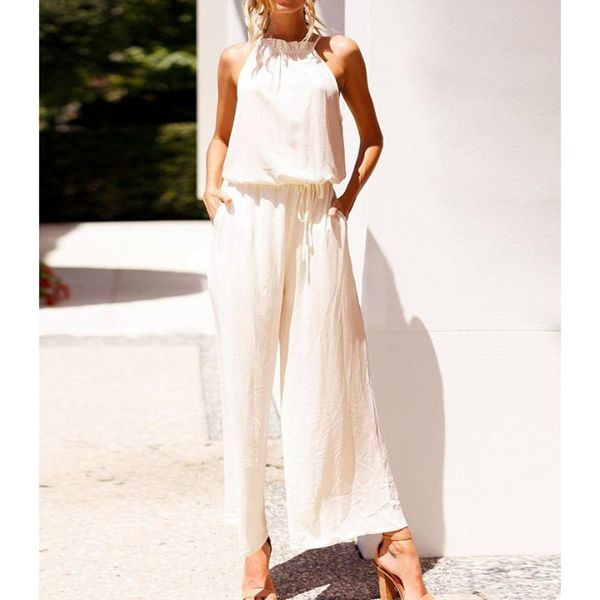 

women's jumpsuits & rompers 2021 summer lace up sleeveless wide leg jumpsuit women casual hollow out pockets solid loose overalls, Black;white