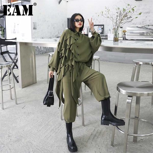 

[eam] wide leg pants ruffles big size two piece suit lapel long sleeve black loose women fashion spring autumn 1z84706 211105, White