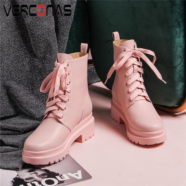 

boots verconas fashion women casual ankle genuine leather height increasing shoes woman autumn winter lace-up platform, Black
