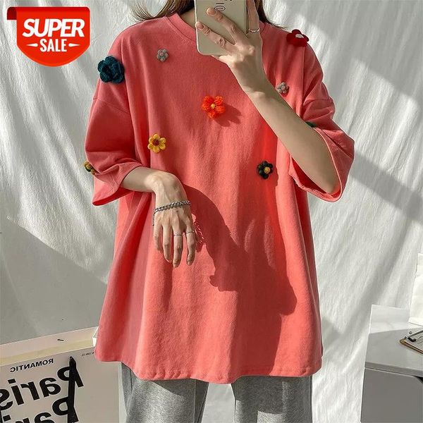 

2021 summer men's loose cotton clothes tshirts flower embroidery round neck short sleeve t-shirt fashion trend casual t shirts #y34i, White;black