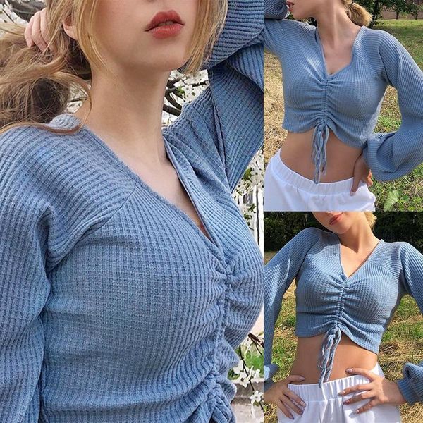 

women's fashion smock v-neck slim long sleeve t-shirt blue, White