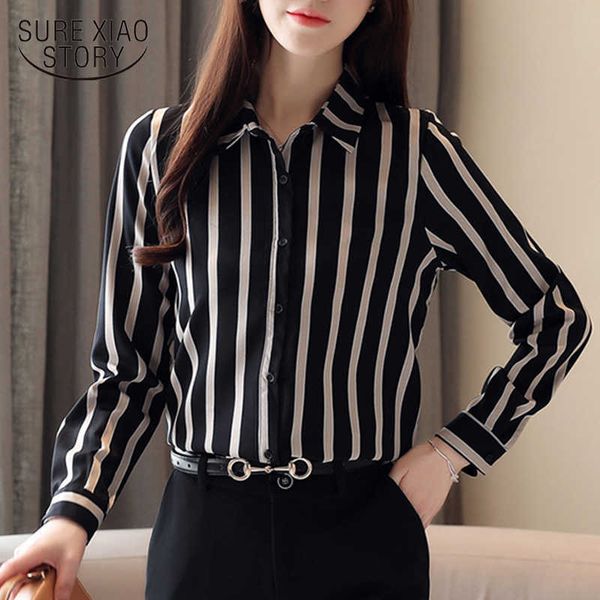 

chiffon arrival plus size long sleeve striped women and blouses fall cardigan blouse women office lady clothes 6765 50 210527, White
