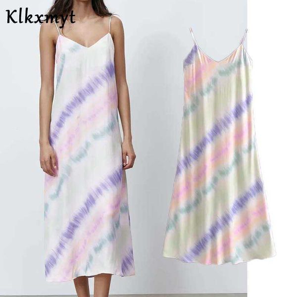 

klkxmyt za women chic fashion tie-dye print satin midi dress vintage backless with tied thin straps female dresses mujer 210527, Black;gray