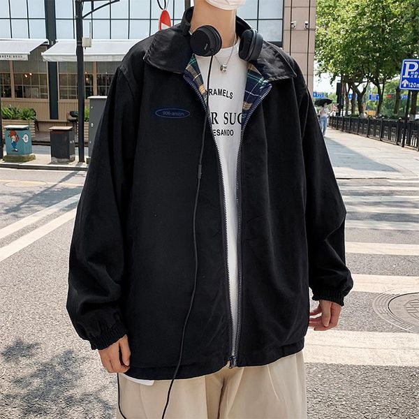 

men's casual jackets two-sided wear jacket korean fashion loose plaid harajuku streetwear retro baseball uniform, Black;brown