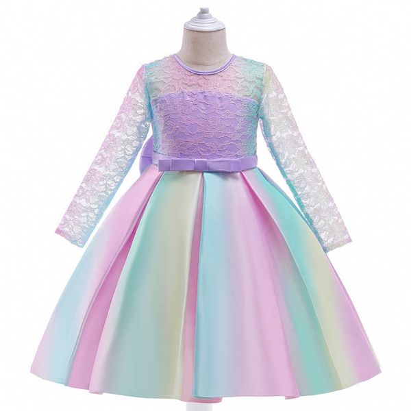 

girls dresses rainbow kids clothes childrens clothing lace princess long sleeve colorful skirt large bow flower party formal dress b7627, Red;yellow