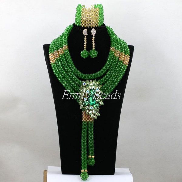 

wedding jewelry sets latest green nigerian african beads set crystal bead necklace bracelet earrings gold alj237, Slivery;golden