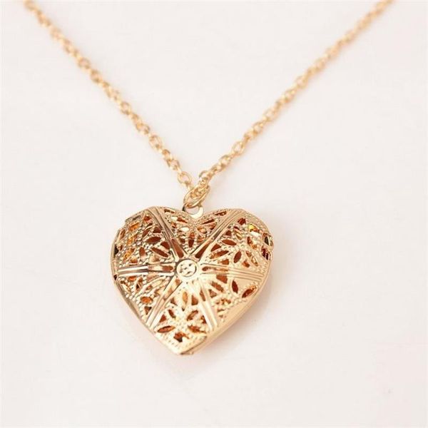 

chains heart-shaped love necklace can be opened to put small pos hollow girl flower phase box jewelry, Silver