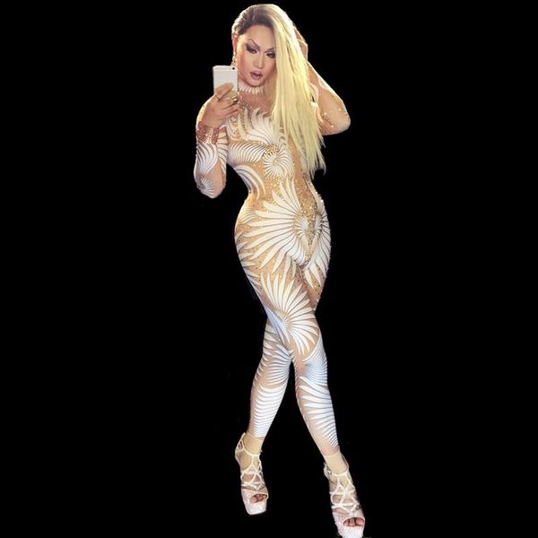 

women's jumpsuits & rompers 3d printing gold rhinestones leotard jumpsuit women nightclub bar dj singer pole dancing costume party catw, Black;white