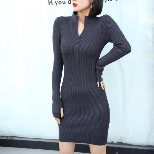 

casual dresses autumn women vintage knitted office bodycon pencil sheath dress elegant simple bottoming vestidos, Black;gray