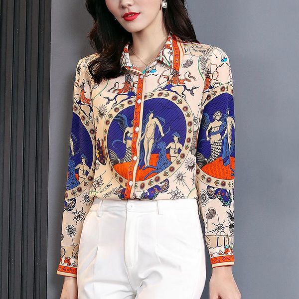 

women's blouses & shirts 100% pure real silk casual shirt elegant turn-down collar long sleeve vintage print spring autumn lady blouse, White