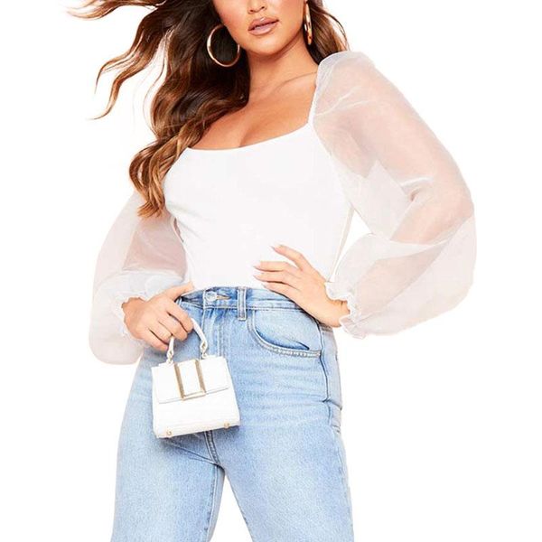 

women's blouses & shirts women ladies tulle scoop neck frill mesh puff long sleeve party club square streetwear, White
