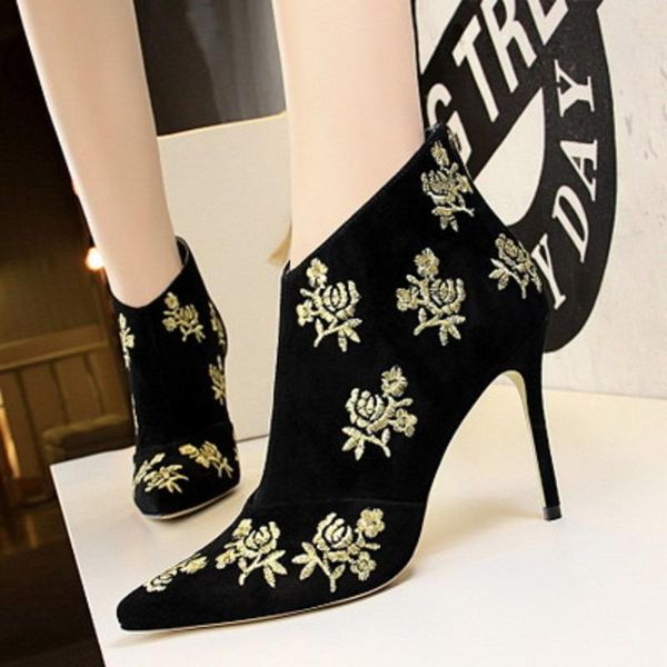 

boots autumn women's ankle fashion retro suede embroidered line flower stiletto high-heeled baotou pointed female, Black