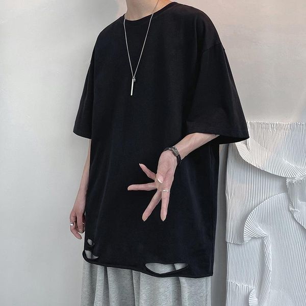 

men's t-shirts summer short-sleeved t-shirt ripped shirt loose trend solid color cotton casual top, White;black