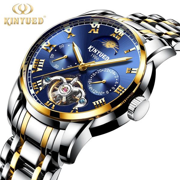 

wristwatches kinyued automatic mechanical watch tourbillon skeleton men's business stainless steel multi-function top, Slivery;brown