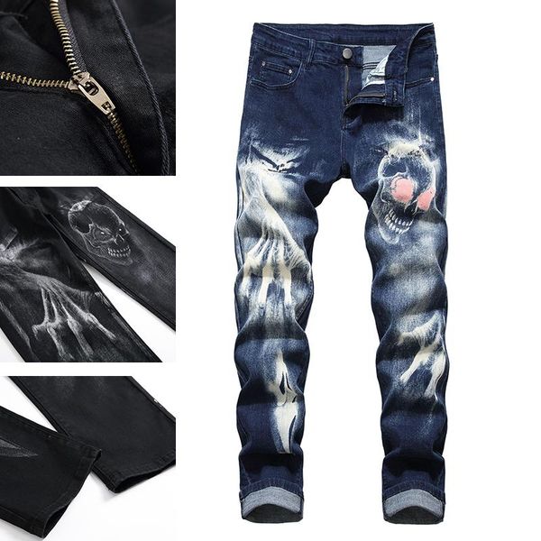 

men's jeans high-end trendy brand spring and summer slim pants korean personality printing trend pantsh tear, Blue