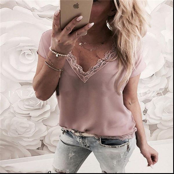 

summer casual loose womens shirts short sleeve solid lace v neck chiffon blouses female vest blusa plus size, White