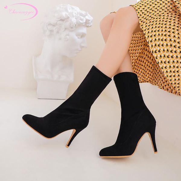 

boots simple style comfortable round toe flock ankle fashion elastic super high heel stiletto riding women's shoes, Black