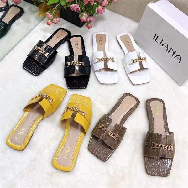 

sandals cute 2021 women summer slipper square toe chain slippers slip on flat slide beach flip flops casual shoe ladies, Black
