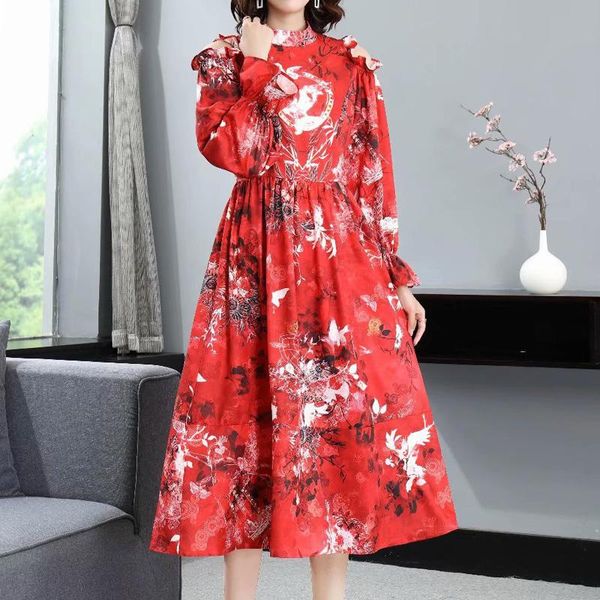 

casual dresses 2021 summer style bohemian vintage print flower long sleeve belt slim fit mid-length dress women's clothing, Black;gray