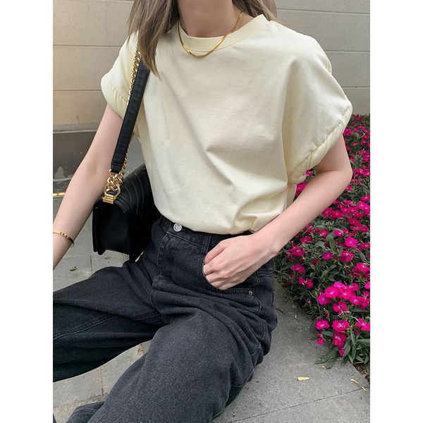

wrinkly cuffs white t-shirt women's spring versatile kg-9, White;black
