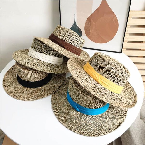 

hand-woven flat-straw hat sun hollow out mesh beach hats uv protection for women wide brim, Blue;gray