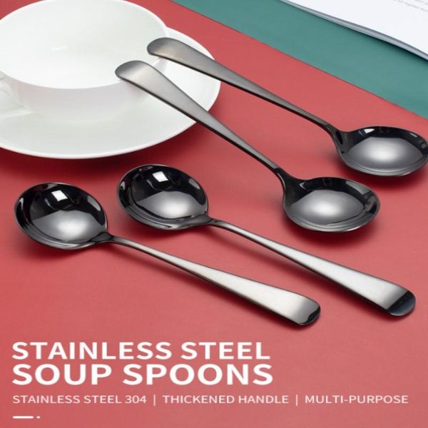 

spoons 4pcs silver/black spoon 304 stainless steel thick black titanium plated round durable anti-rust kitchen tableware