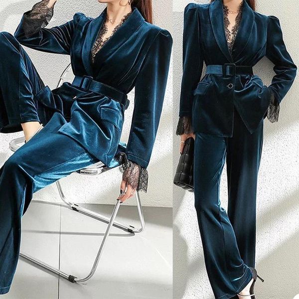 

vintage velvet women suits latest elegant shawl lapel blazer with belt wide leg pants office casual jacket 2 pieces sets women's two pi, White