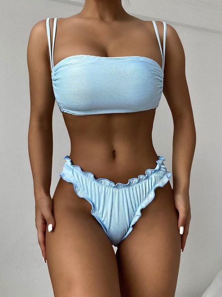 

women's swimwear ruffled bikini 2021 women solid sky blue high cut push up bandage cross waist swimsuit bathing suit biquini, White;black