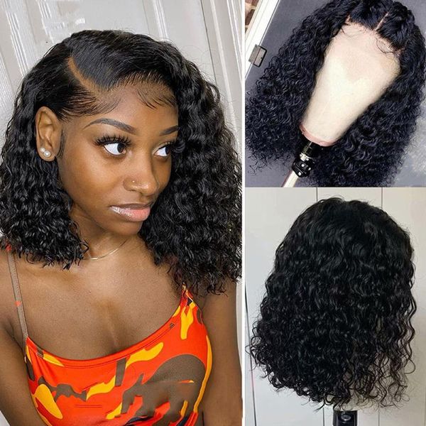 

lace wigs amanda short bob curly closure wig 150 density pixie cut human hair 4x4 remy brazilian for women, Black;brown