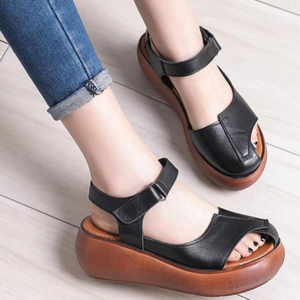 

sandals gktinoo 2021 summer comfortable female round toe leisure shoes high heel wedges platform leather, Black