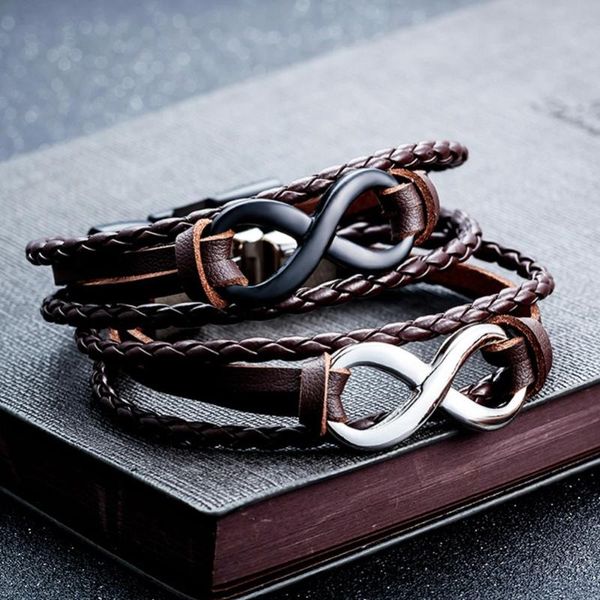 

charm bracelets 6color leather rope bangles man black brown infinity hand braided eight word charms for men#280080, Golden;silver
