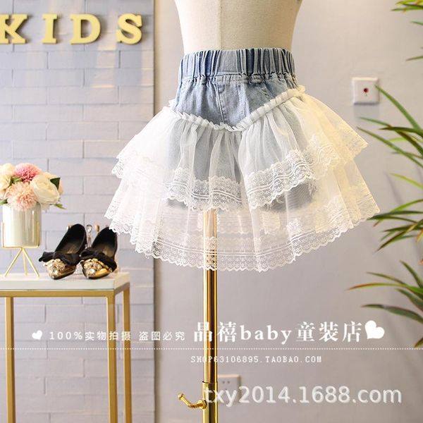 

shorts children's skirt pants 2021 summer girls sweet wind lace stitching jeans princess, Black