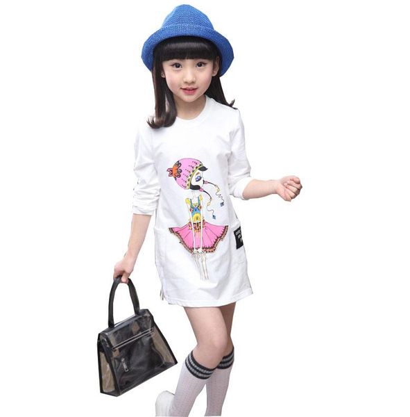 

girl's dresses girls spring t-shirt cotton round neck long section rendering clothing long-sleeved bottoming animation, Red;yellow