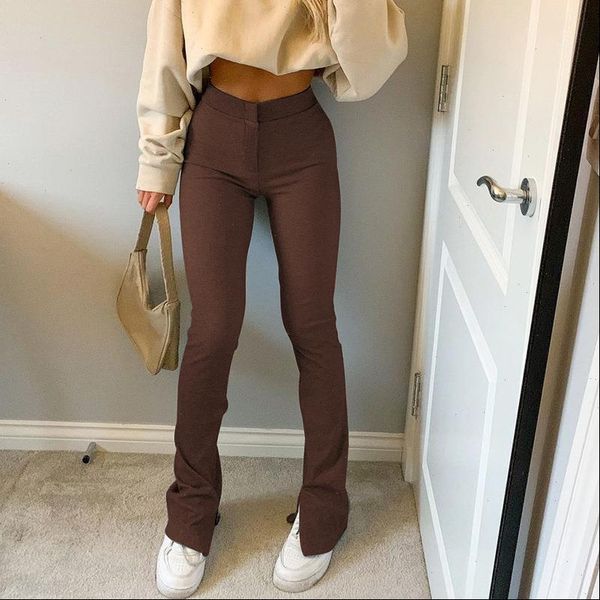 

90s aesthetics high waist brown women pants flare y2k vintage zip up skinny long trousers slit casual streetwear, Black;white