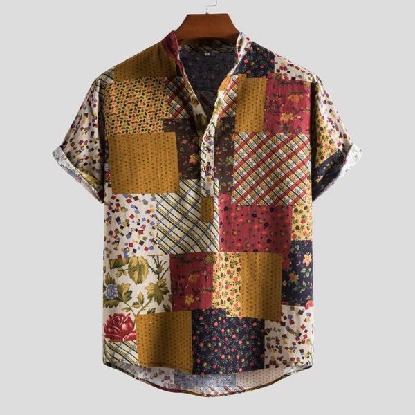 

men's casual shirts hawaiian printed shirt slim fit for men stand-up collar short sleeved button up chemise homme, White;black