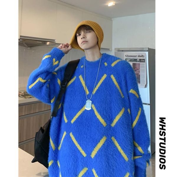 

men's sweaters winter plus velvet sweater men warm fashion casual plaid knitted pullover loose long-sleeved mens jumper clothes, White;black