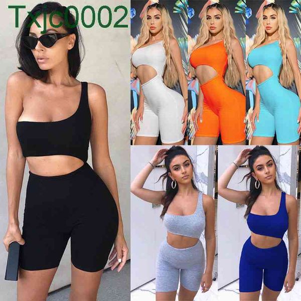 

women cutout jumpsuit designer pure color printed rompers club sleeveless shorts tight fashion overalls pants sports suit ty755, Gray