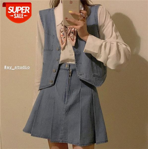 

fashion set women loose pocket work denim vest cardigan + high waist pleated skirt a-line #ho6m, Black